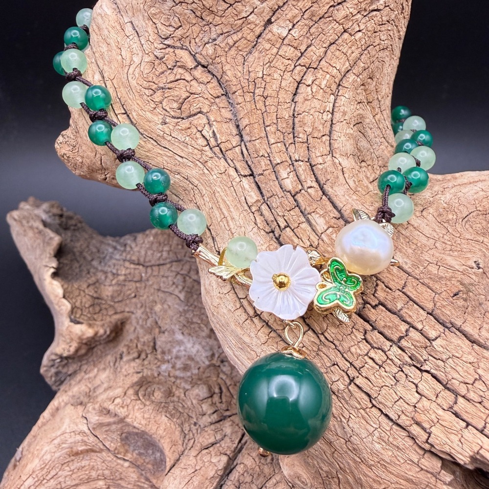 Jade Financial Success Anklet Green Beaded Pearl Flower Butterfly Adjustable
